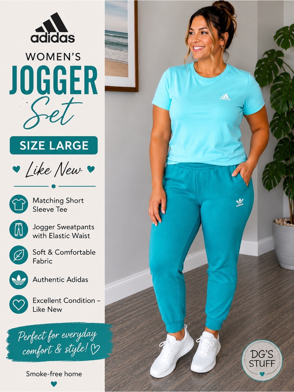 adidas Women's large  Teal Jogger Set - Short Sleeve Tee & Joggers